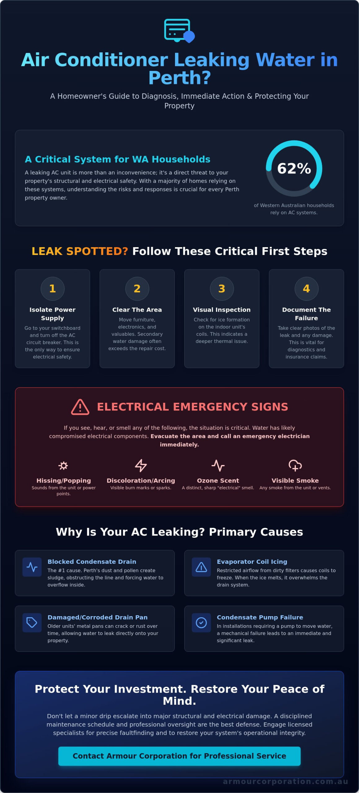 Air Conditioner Leaking Water in Perth: Diagnostic Guide & Mitigation - Infographic